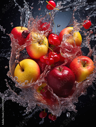 resh fruit splashing over water, generative ai
