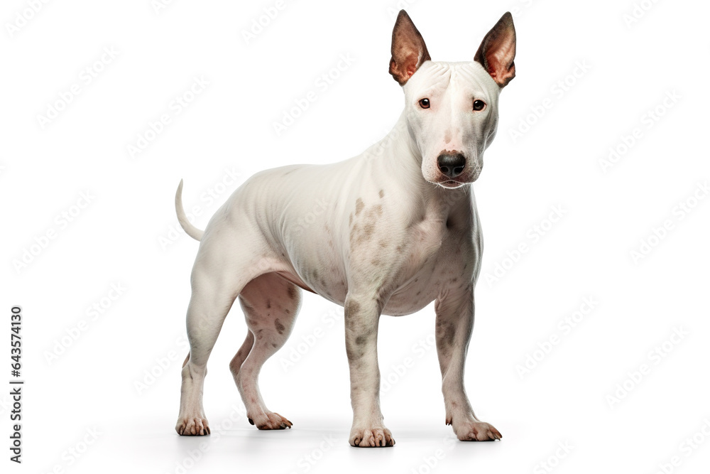 Full body photo of an adorable bull terrier dog isolated on white background. Digital illustration generative AI.