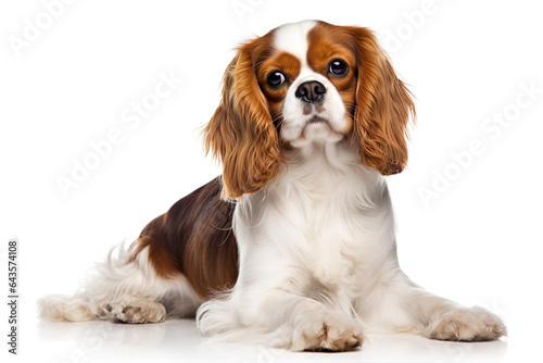 Full body photo of an adorable Cavalier King Charles Spaniel dog isolated on white background. Digital illustration generative AI. © Tepsarit