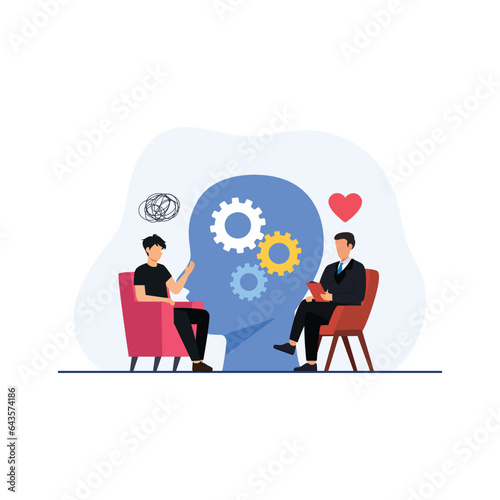 Mental health illustration. Character with mental disorder fight against stress, depression, emotional burnout and other psychological problems. Psychotherapy concept. Vector illustration.