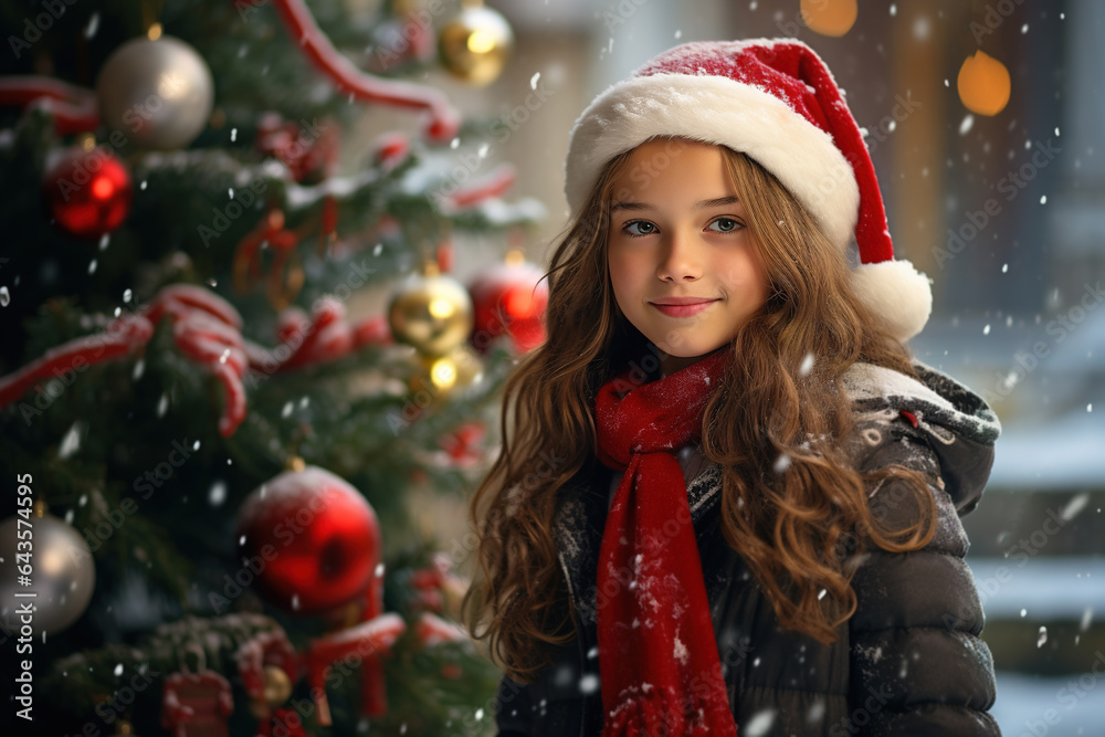 Caucasian cute girl in festive red hat on background of decorated Christmas tree outdoors on winter day, happy new year Caucasian cute girl in festive red hat on background of decorated Christmas tree outdoors on winter day, happy new year