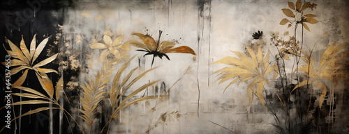 Foto abstract textured drawing tropical palm leaves and flower in vintage shaded gold