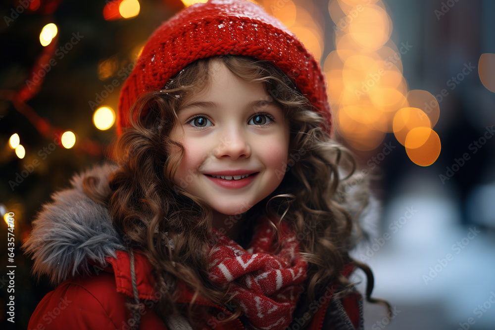 Smiling cute baby curly girl in festive red hat on the background of garland bokeh outdoors, childish Christmas portrait Smiling cute baby curly girl in festive red hat on the background of garland bokeh outdoors, childish Christmas portrait