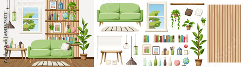 Living room interior with a green sofa, wooden slats with shelves, a window, pendant light, and houseplants. Cozy room interior design. Furniture set. Interior constructor