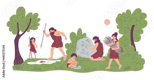 Tribal primitive cave people life in wild nature, make bonfire, fishing, drawing on rock, vector hand drawn Stone age