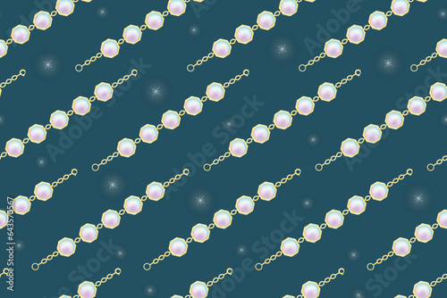 Gold gem bracelet with pearl gemstone. Vector seamless pattern, female chain, expensive precious jewelry.