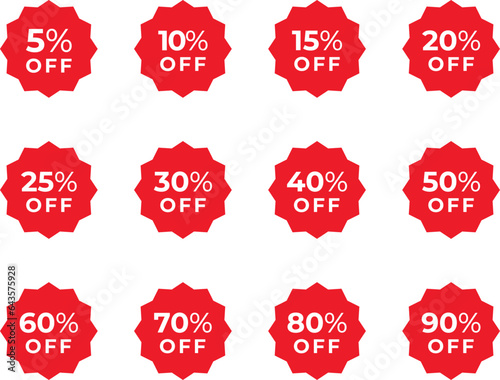 Red Price tags, special offer or shopping discount label with percent, discount. 10, 20, 25, 30, 35, 40, 50, 60, 70, 80 and 90 percent price. Paper sticker. Promotional sale. Vector illustration.