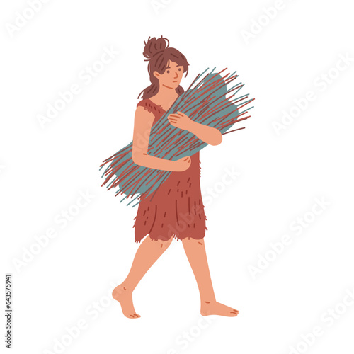 Stone age woman holding tree branches, flat vector illustration isolated on white background.
