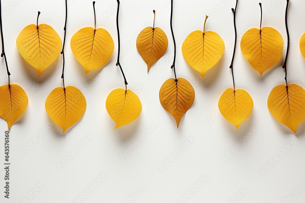 A clean and minimalist background image for creative content, featuring aligned yellow fall leaves on a white background. Photorealistic illustration, Generative AI A clean and minimalist background image for creative content, featuring aligned yellow fall leaves on a white background. Photorealistic illustration, Generative AI