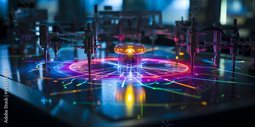 laser reflect on optic table in quantum laboratory generated with Ai