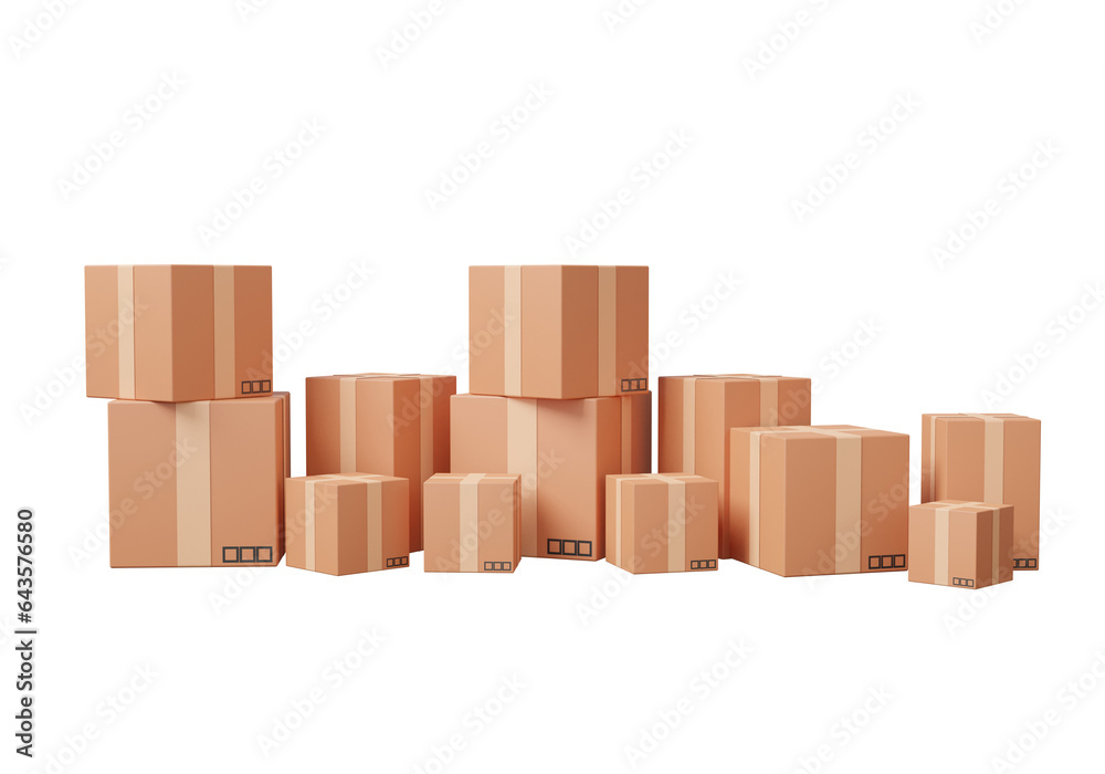 Minimal cartoon package delivery and stack parcels box on isolated background with logistics transportation service concept. import Integrated warehousing. 3d render illustration Minimal cartoon package delivery and stack parcels box on isolated background with logistics transportation service concept. import Integrated warehousing. 3d render illustration