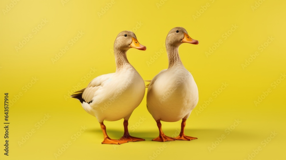 Two ducks standing on a vibrant yellow background Two ducks standing on a vibrant yellow background