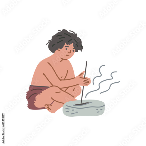 Stone age boy making fire with rock and stick, flat vector illustration isolated on white background.