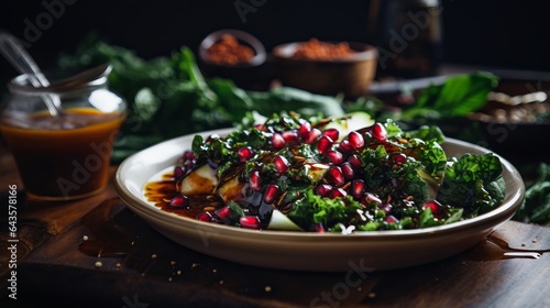 a bowl of winter greens salad, topped with a balsamic vinaigrette dressing