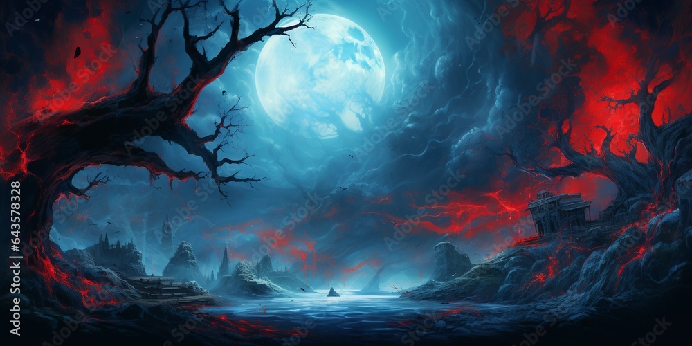 Fototapeta premium halloween background landscape with moon with red blue hues and creepy trees.
