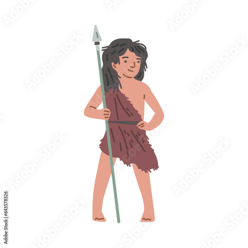 Prehistoric primitive young caveman stands with spear, hunter, defender, warrior vector hand drawn Stone age character