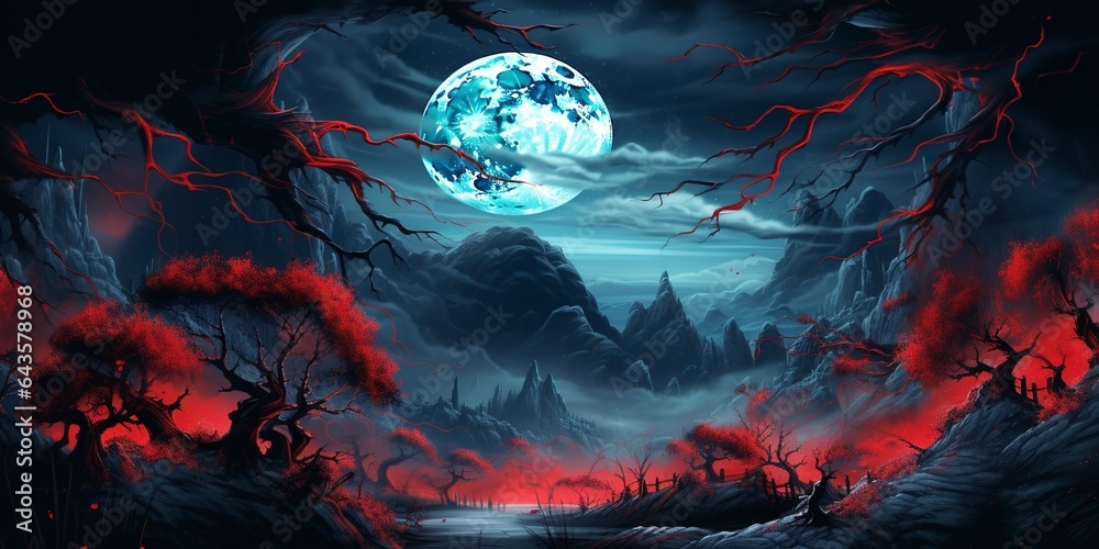 Fototapeta premium halloween background landscape with moon with red blue hues and creepy trees.