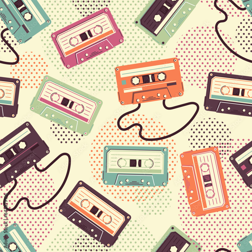 Cassette tape seamless pattern in retro style, flat vector illustration.