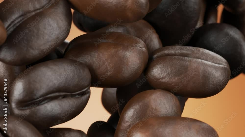 Slow-motion falling coffee beans close-up. Coffee beans for your design. Coffee beans for your advertising.