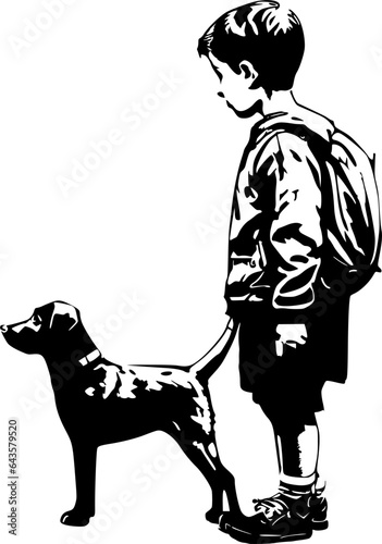 Petit garçon qui promène son chien