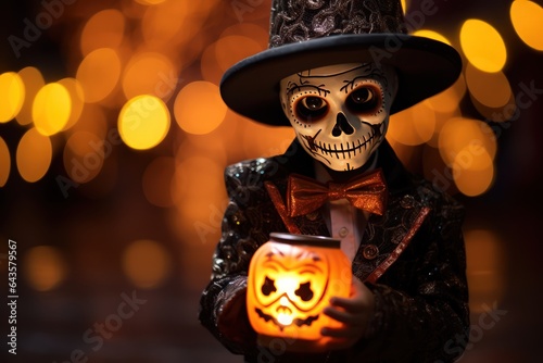 little kid dressed as a skeleton for halloween, bokeh background - ai-generated