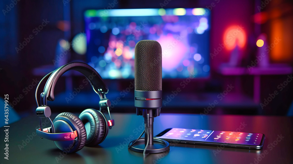 Headphones, a microphone, and a mobile phone are arranged on a surface. In the background, a computer monitor displays a bokeh effect. The setup appears ready for an audio podcast recording session.  - obrazy, fototapety, plakaty 