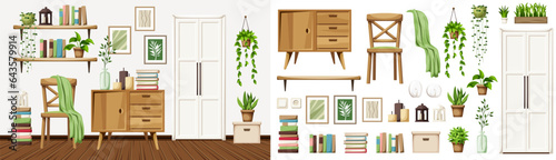 Scandinavian room interior with a white door, a dresser, a chair, and plenty of books and houseplants. Furniture set. Interior constructor. Cartoon vector illustration