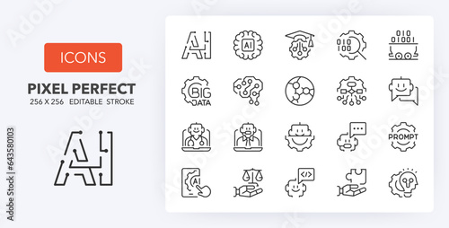 Set of thin line icons of artificial intelligence. Outline symbol collection. Editable vector stroke. 256x256 Pixel Perfect scalable to 128px, 64px...