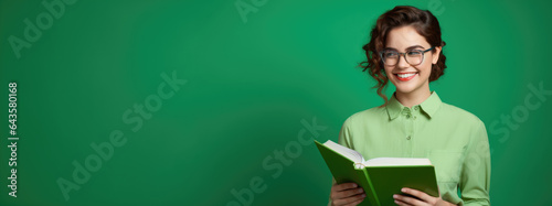 Photo of smiling student with glasses and folder on solid green background. Online education concept. Copy-space, Course banner