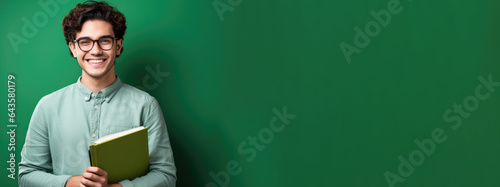 Photo of smiling student with glasses and folder on solid green background. Online education concept. Copy-space, Course banner