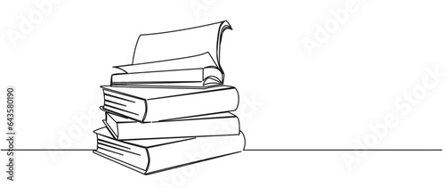 continuous single line drawing of stack of books with open book on top, line art vector illustration