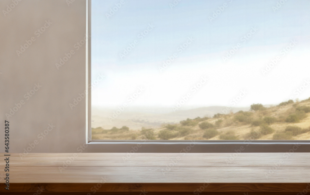 Fototapeta premium Wooden table in front of window with beautiful desert hill view background. High quality photo