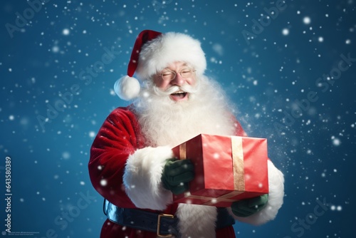 Happy Santa Claus opening christmas gift box over snowy blue background with copy space space. ai generated © haallArt