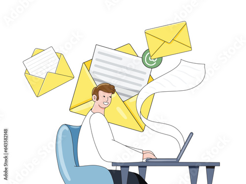 Concept Newsletter. A man sitting at a desk writing content for an email newsletter. Hand drawn illustration style.