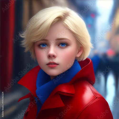 young girl in blue scarf, red jacket, blonde and blue eyes, blurred street background.