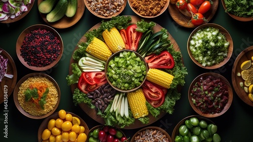 A colorful display of vegan dishes made from fresh vegetables  grains  and fruits showcasing the variety and richness of vegan cuisine on World Vegan Day.