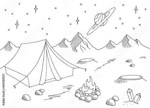 Camping on alien planet graphic black white space landscape sketch illustration vector