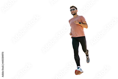 Fototapeta Naklejka Na Ścianę i Meble -  Sports jogging. Uses a fitness app and watch accessories.  A runner is an athlete, a strong confident person in a full-length T-shirt, a healthy lifestyle.