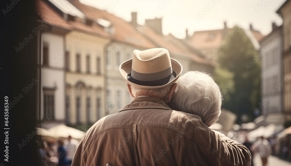 Elderly senior couple hugging and walking or traveling in the summer city, back view, AI generated Elderly senior couple hugging and walking or traveling in the summer city, back view, AI generated