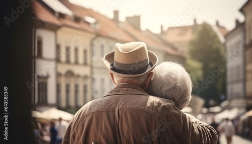 Elderly senior couple hugging and walking or traveling in the summer city, back view, AI generated