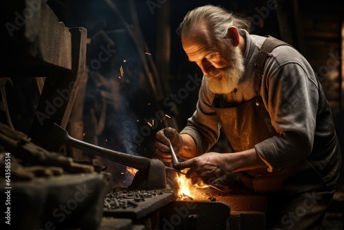 Male blacksmith working in a blacksmith shop.