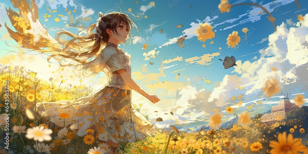 Poster Wandbilder anime style illustration of young girl walking in flower field generative Ai 40x20 cm