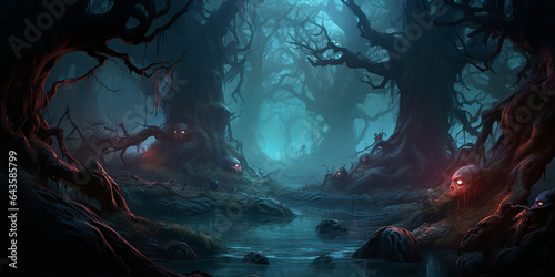 a creepy forest with twisted trees, glowing eyes, and hidden creatures.
