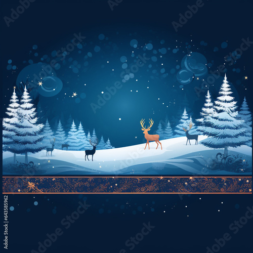 Christmas winter landscape with snow drifts, mountain village, forest, pines, reindeer. Holiday nature background with fox, hills, houses. X-mas panoramic banner with winter outline landscape  © Ekaterina
