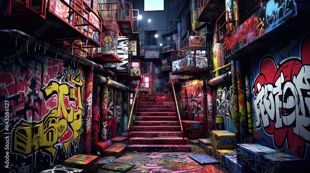 stairway city street narrow path with colorful light and graffiti wall, Generative Ai	