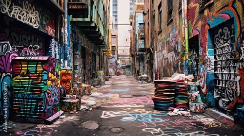 city street narrow path with colorful light and graffiti wall, Generative Ai 