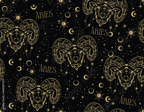 Aries zodiac star seamless pattern.