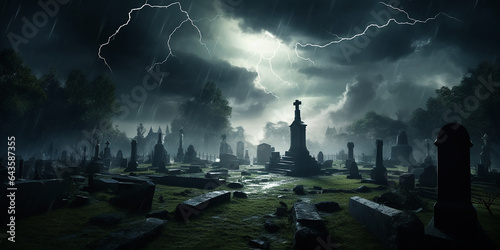 a graveyard under a thunderstorm, with lightning flashes and ominous clouds.