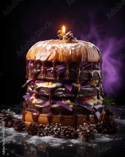 Sweet cream and candy burger in New Year's style, tall fast food hamburger in sweet glaze for kids. Created with AI