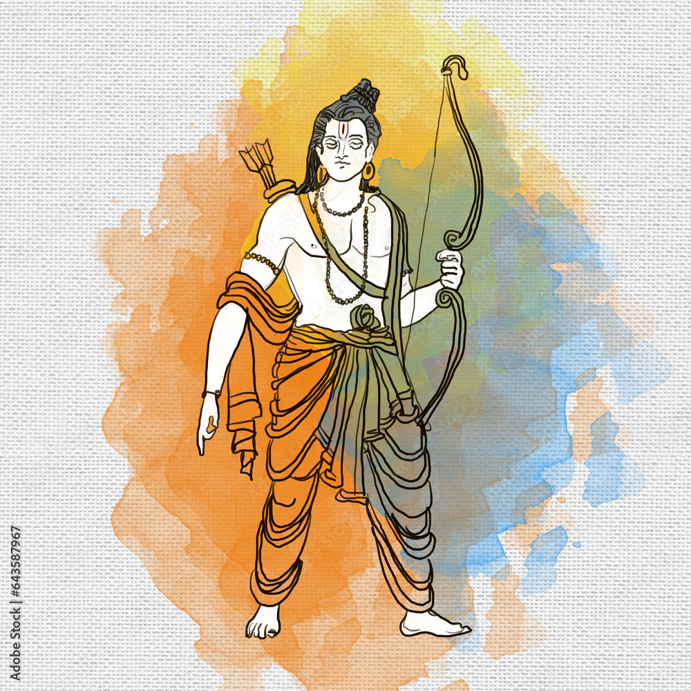 illustration of Lord Rama with bow arrow with Hindi text meaning Shree Ram Navami celebration background for religious holiday of India - obrazy, fototapety, plakaty 